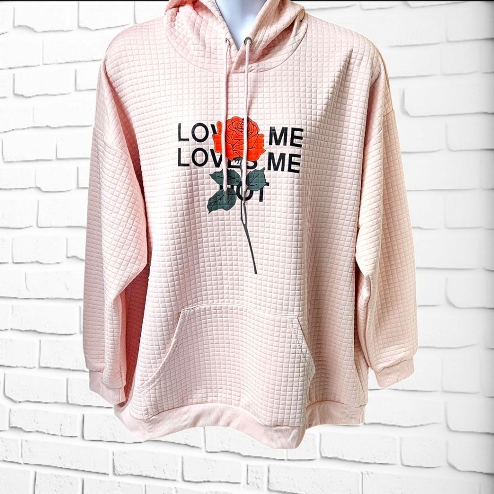 Plus Size Women's Waffle Knit Pink LongSleeve Hooded LOVE ME Graphic Hoodie 5X